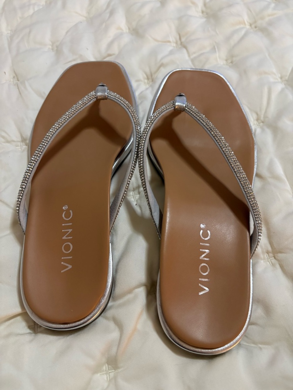 Vionic Silver Rhinestone Toe-Post Sandals with Tan Footbed